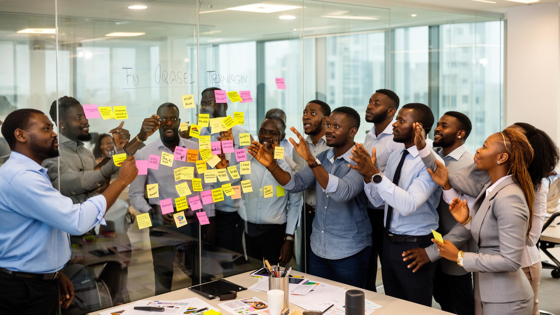 Workshop de team building corporativo em Luanda — equipa em dinâmica desenhada